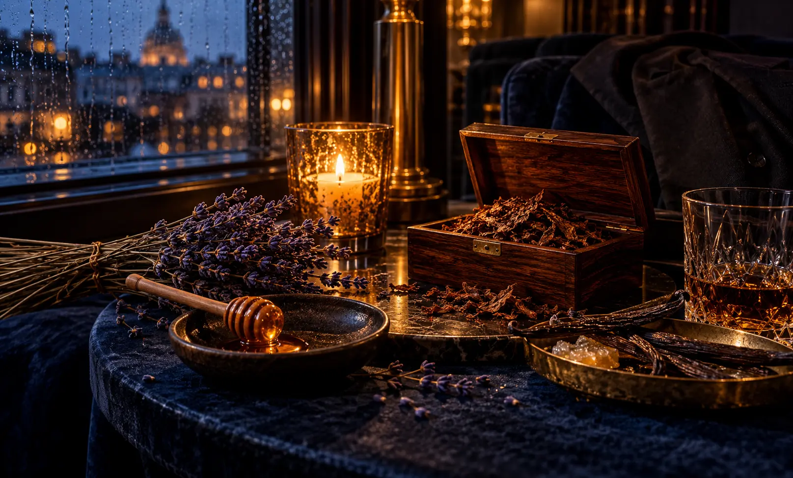 Warm nocturnal scene with honey, lavender, tobacco, and amber candlelight representing Jean Paul Gaultier Le Male Elixir