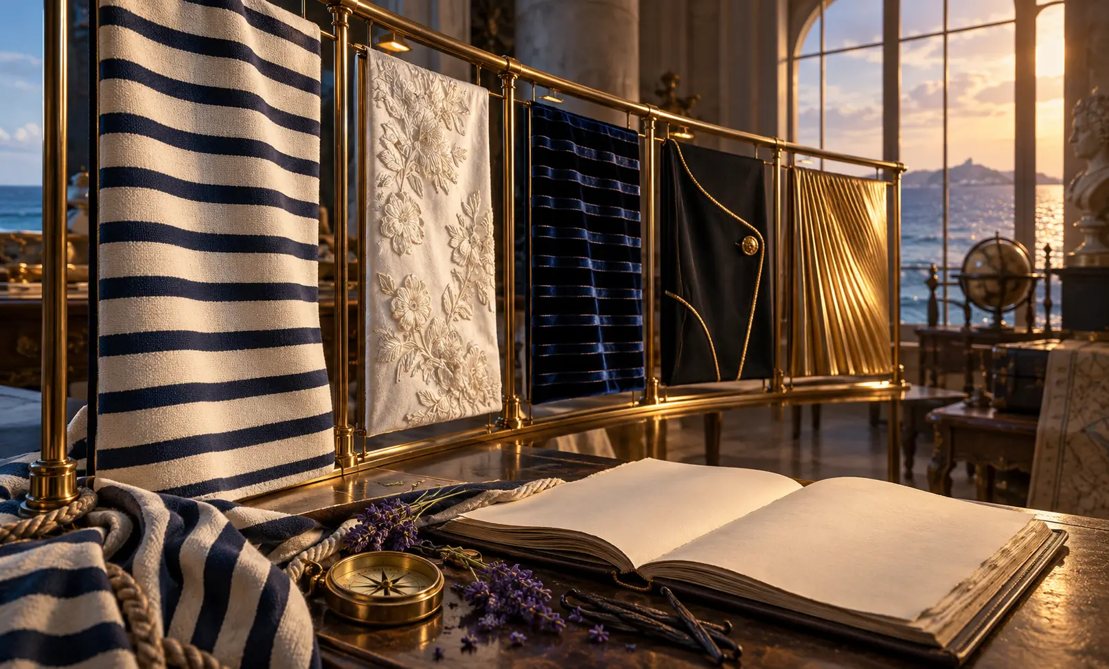 Sailor-striped, floral, black, and gold fabrics symbolizing the evolution of Jean Paul Gaultier Le Male, displayed beside an archival book.