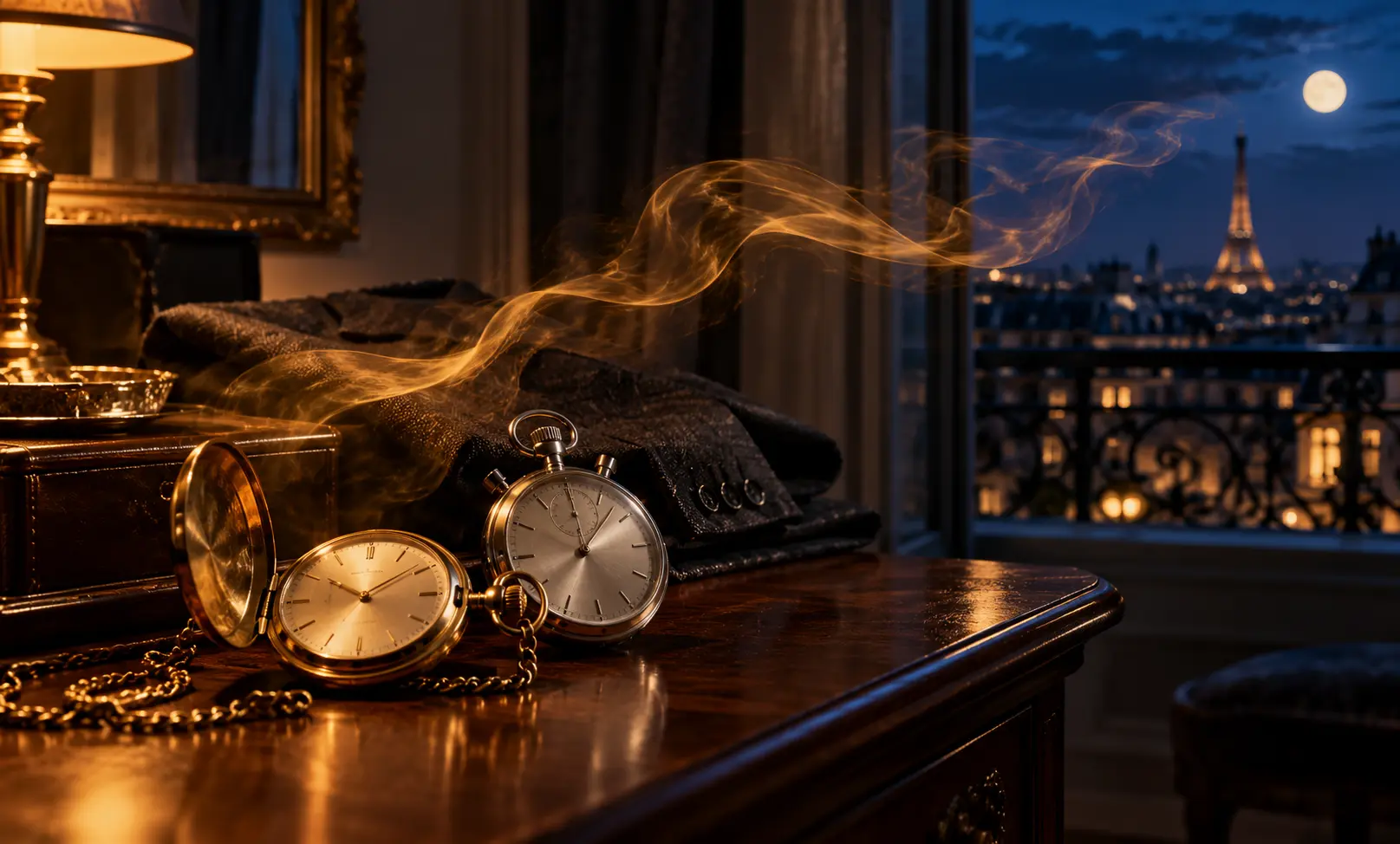 Luxury timepieces and golden fragrance mist in a Paris apartment at night, representing the longest-lasting Jean Paul Gaultier fragrance