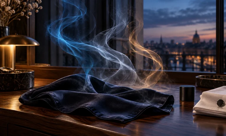 Elegant blue, silver, and warm amber fragrance trails intertwining over a navy silk scarf at twilight, representing layered Bleu de Chanel versions.