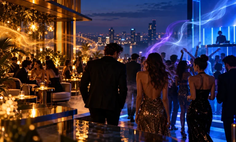 Stylish guests moving between a golden rooftop lounge and blue-lit dance floor, representing powerful alternatives to Le Male Elixir for clubs and parties.