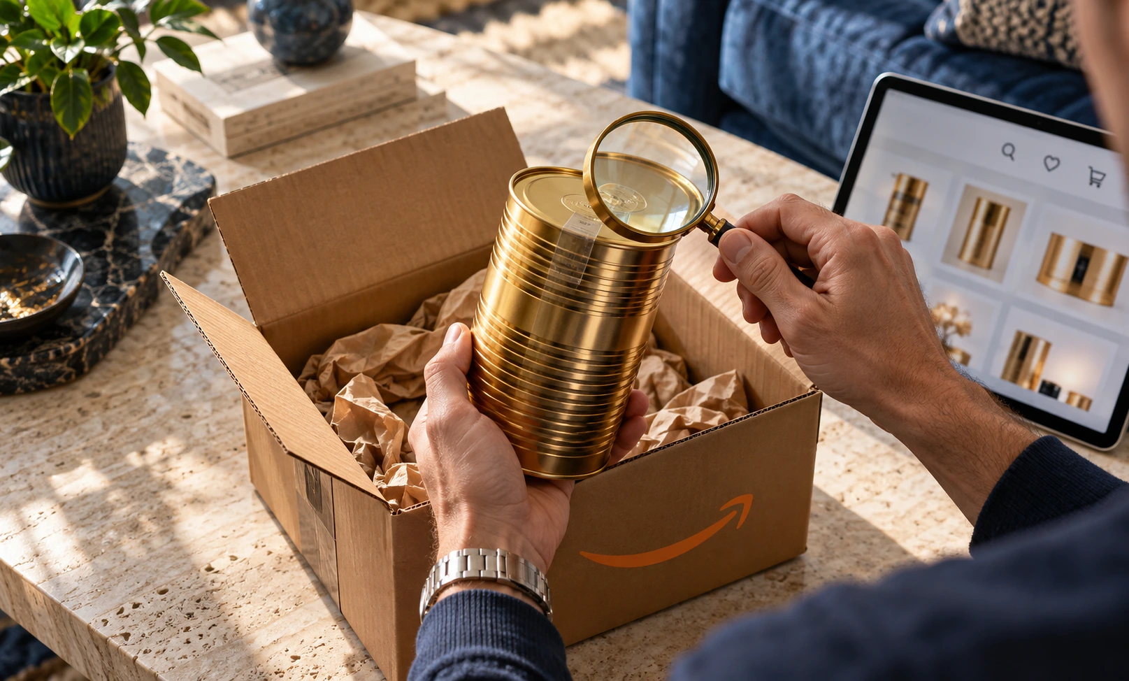 Shopper inspecting a sealed gold fragrance tin from an Amazon delivery beside a tablet displaying online offers.