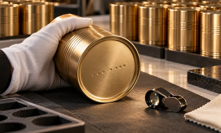 Gloved hand inspecting abstract batch markings on the base of a gold fragrance tin beside a jeweler’s loupe.
