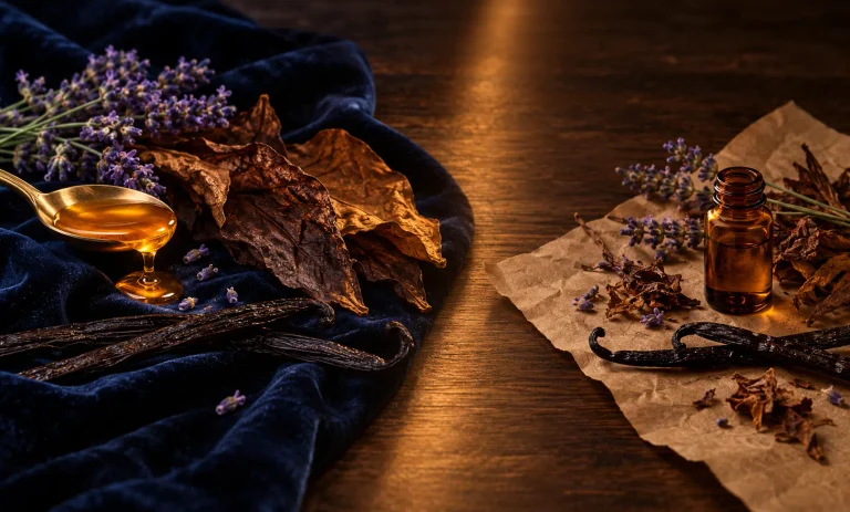 Honey, tobacco leaves, vanilla pods, and lavender arranged in a luxury versus affordable fragrance comparison concept