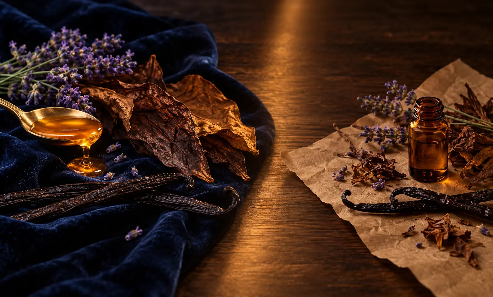Honey, tobacco leaves, vanilla pods, and lavender arranged in a luxury versus affordable fragrance comparison concept