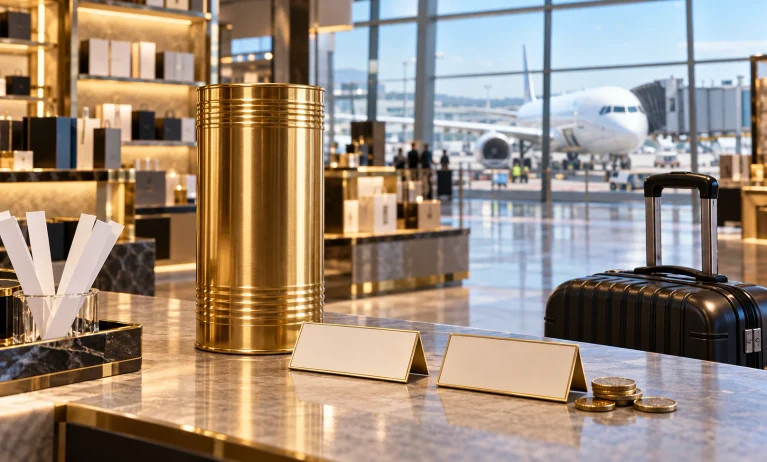 Gold fragrance tin beside blank price cards and coins at an airport duty-free counter, with a suitcase and airplane in the background.