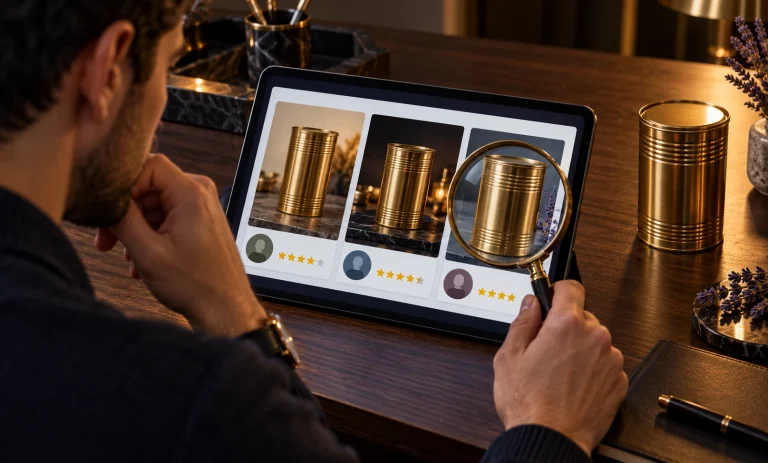 Shopper comparing seller ratings and gold fragrance packaging on a tablet before buying Le Male Elixir from eBay.