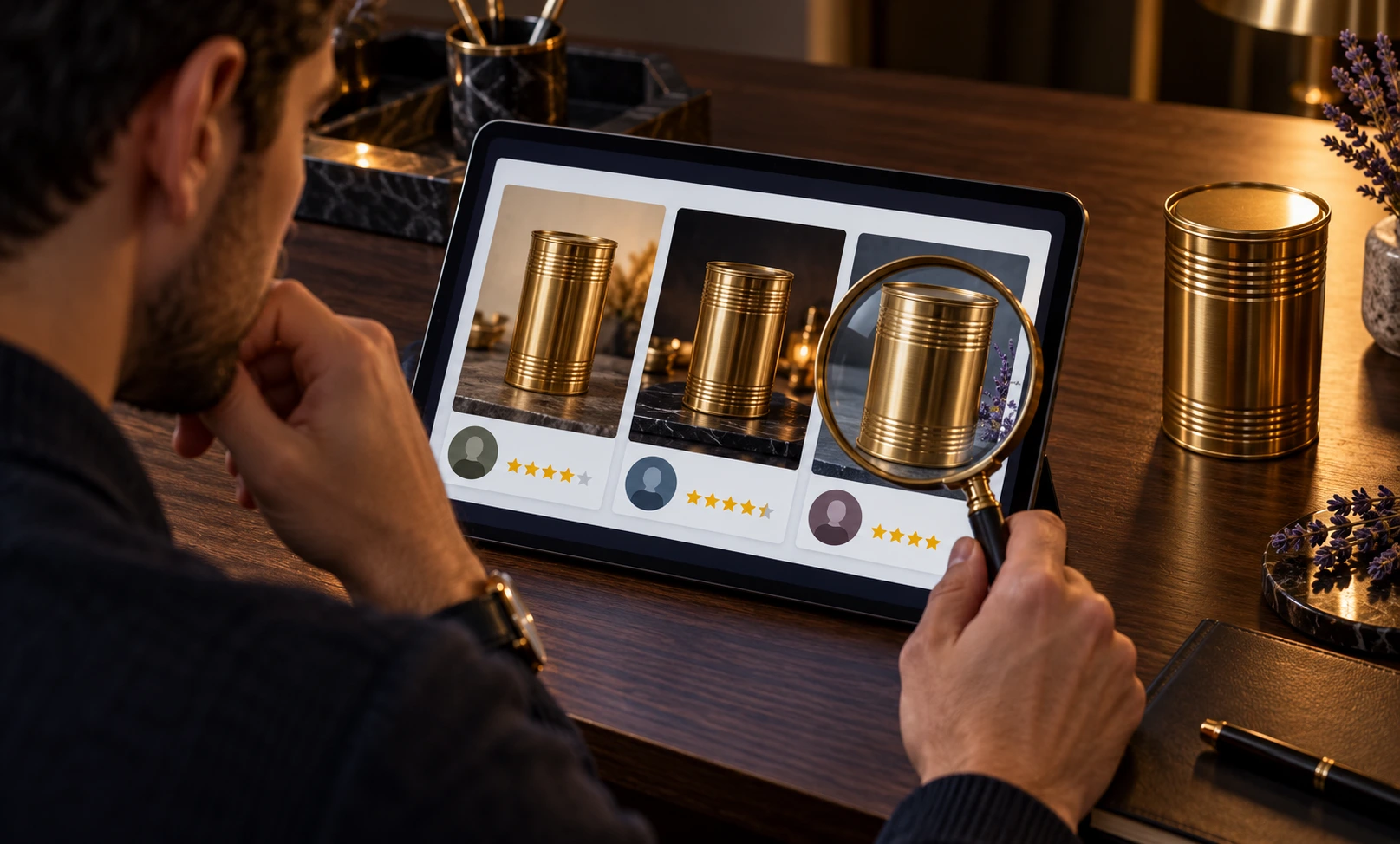 Shopper comparing seller ratings and gold fragrance packaging on a tablet before buying Le Male Elixir from eBay.