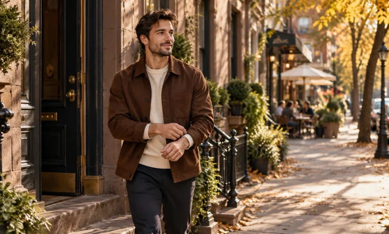 Stylish man adjusting his cuff on a sunlit autumn street, illustrating everyday style for a Le Male Elixir signature scent guide.