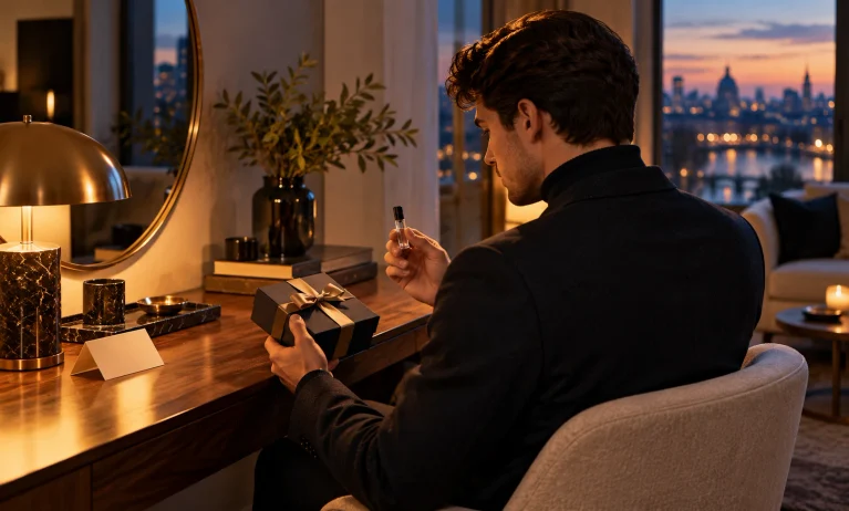 Man testing a fragrance blotter while choosing his first designer fragrance in an elegant evening setting