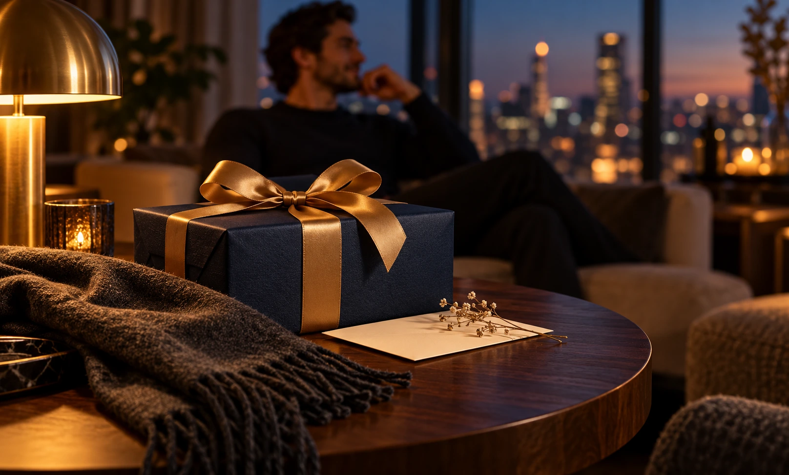 Luxury navy gift box with a gold ribbon in a warm evening setting, representing Le Male Elixir as a gift for him