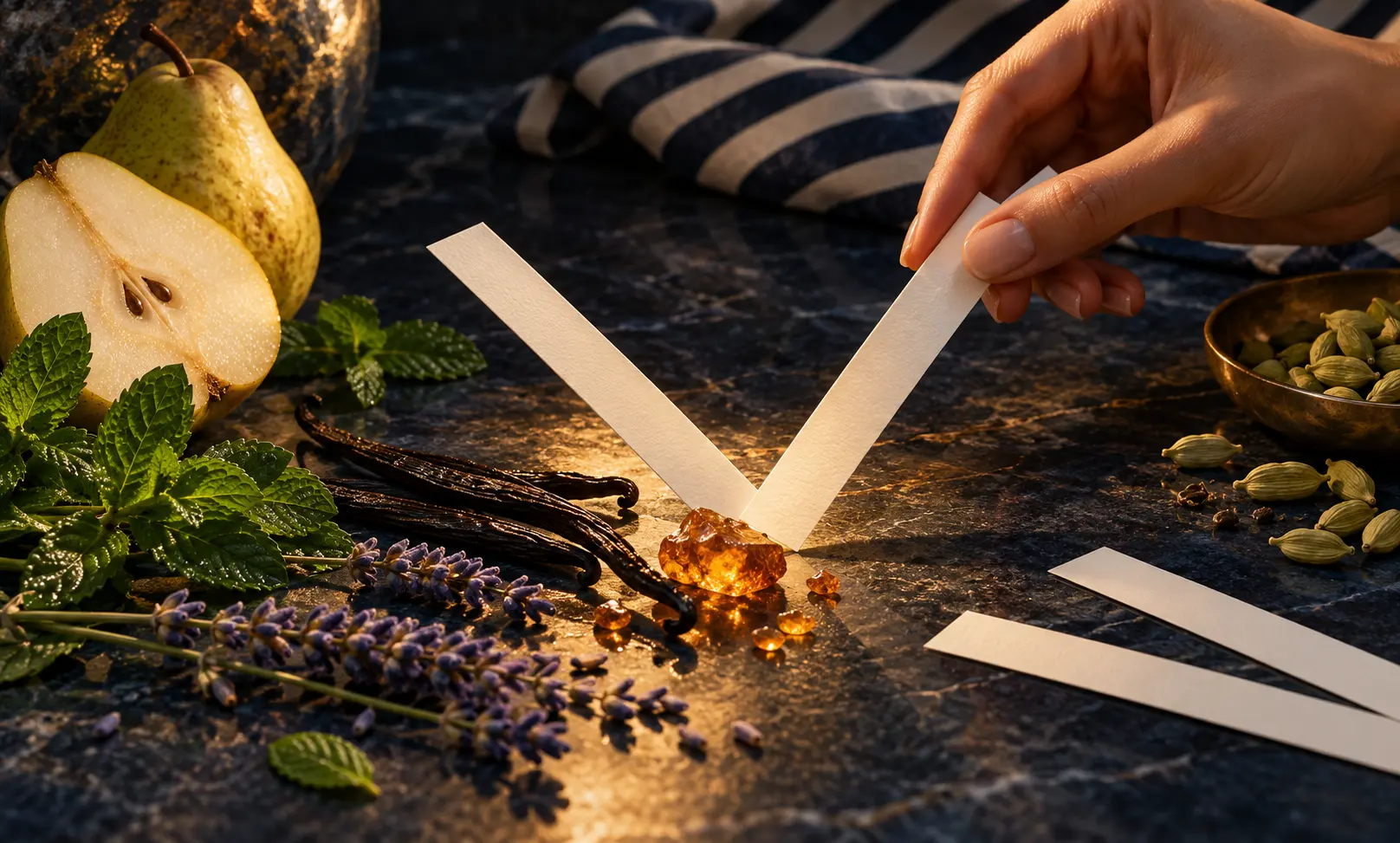 Fragrance blotters with lavender, vanilla, mint, pear, and cardamom, illustrating Le Male Elixir layering with other Jean Paul Gaultier fragrances.