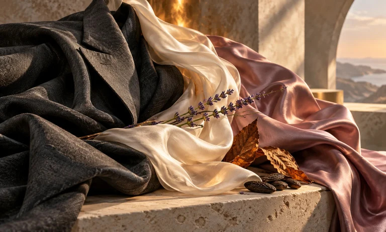 Charcoal wool, ivory silk, and mauve satin with lavender and tobacco, illustrating Le Male Elixir’s masculine and unisex character.