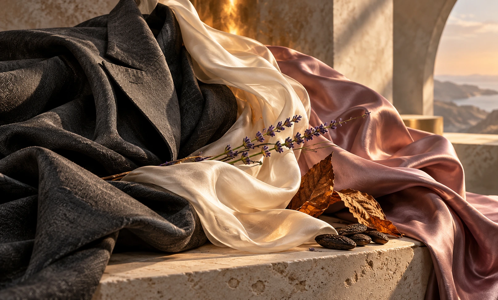 Charcoal wool, ivory silk, and mauve satin with lavender and tobacco, illustrating Le Male Elixir’s masculine and unisex character.