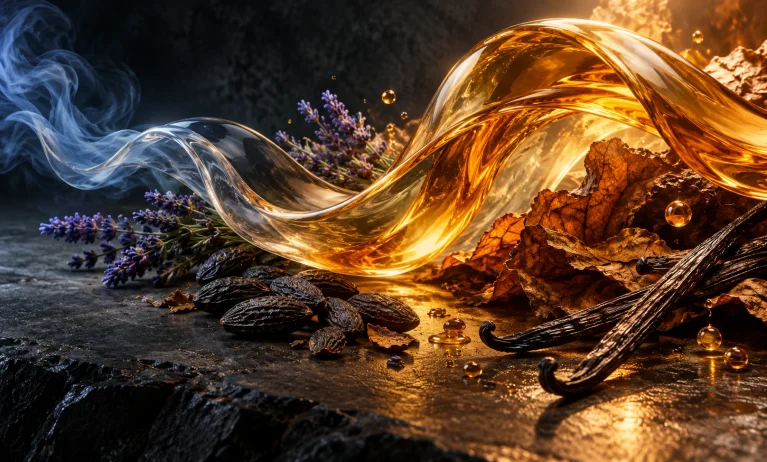 Amber-gold wave flowing from cool blue mist over lavender, vanilla pods, tonka beans, and tobacco leaves, symbolizing Le Male Elixir’s rich sweetness.