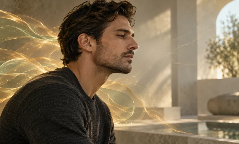 Man in profile surrounded by golden scent ribbons fading near his nose, illustrating Le Male Elixir nose blindness.