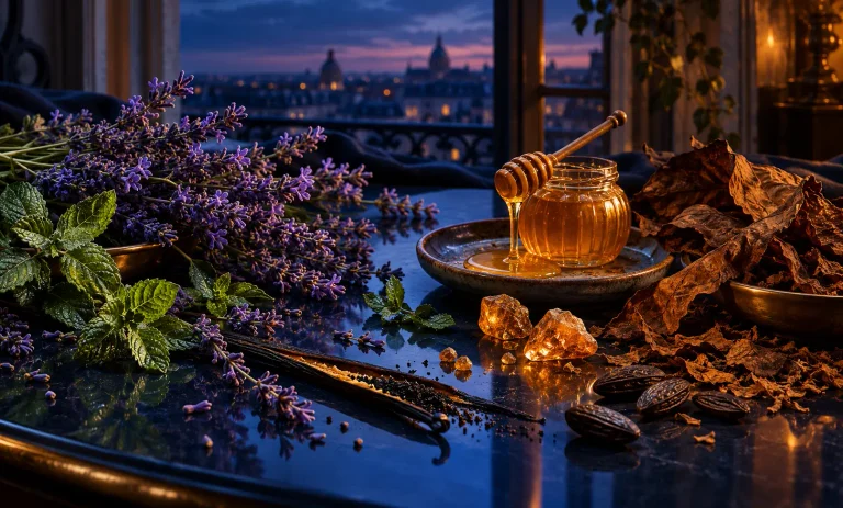 Lavender, mint, vanilla, honey, tobacco, and tonka bean representing Jean Paul Gaultier Le Male Elixir fragrance notes