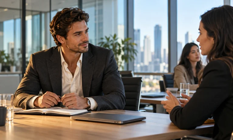 Man in a charcoal blazer speaking with colleagues in a modern office, illustrating Le Male Elixir workwear suitability.