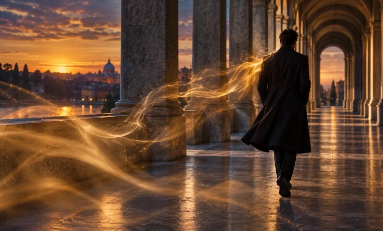 A man walking through stone arches at sunset with a golden scent trail symbolizing Le Male Elixir’s projection, sillage, and longevity.