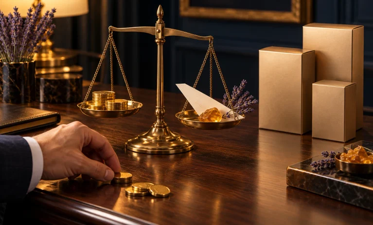 Brass scale balancing coins and fragrance blotters beside gold boxes, illustrating Le Male Elixir price and value comparisons.