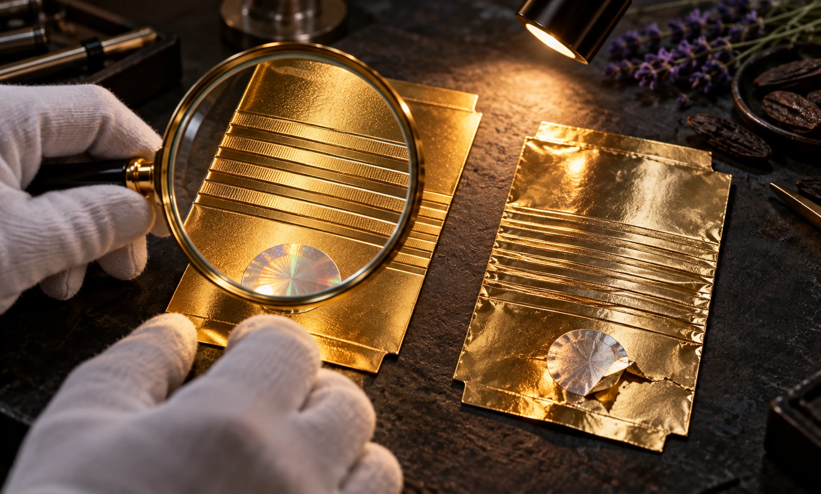 Magnifying glass examining embossed gold packaging and seals to illustrate Le Male Elixir authenticity checks.
