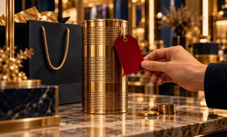 Hand holding a blank red sale tag beside a gold fragrance tin, shopping bag, and coins in a luxury boutique.