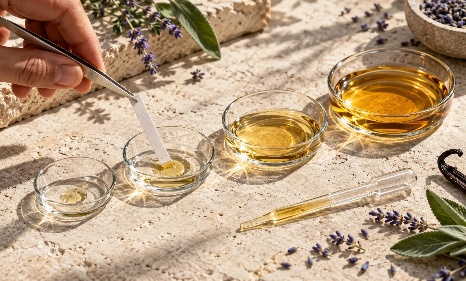 Different amounts of golden fragrance liquid in four glass dishes, with a blotter testing one to illustrate choosing a Le Male Elixir sample size.