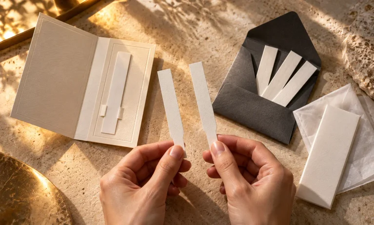 Hands comparing fragrance blotter strips beside two packaging styles, illustrating Le Male Elixir sample vs decant.