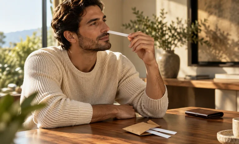 Man evaluating a fragrance on a scent strip before deciding whether to buy Le Male Elixir.