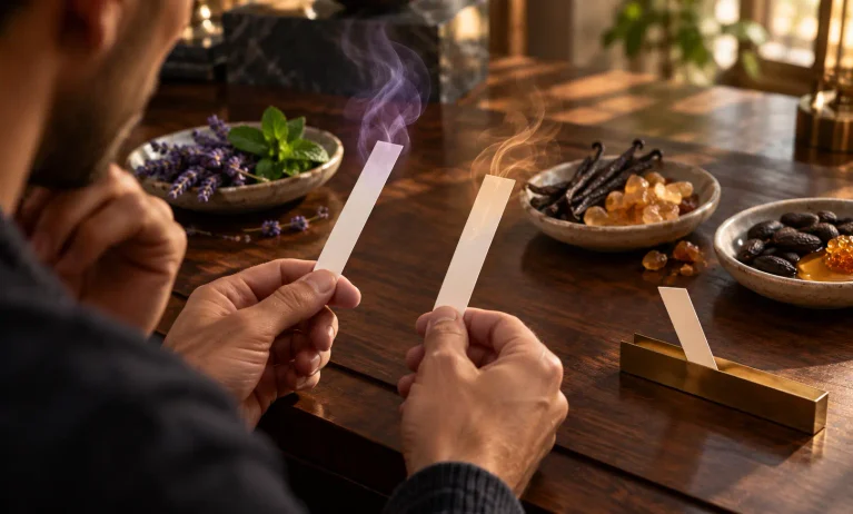 Person comparing two fragrance blotter strips beside lavender, vanilla pods, and tonka beans to illustrate Le Male Elixir scent differences.