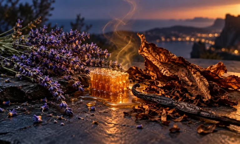 Lavender, honey, vanilla, and tobacco leaves representing the warm sweet scent profile of Jean Paul Gaultier Le Male Elixir.