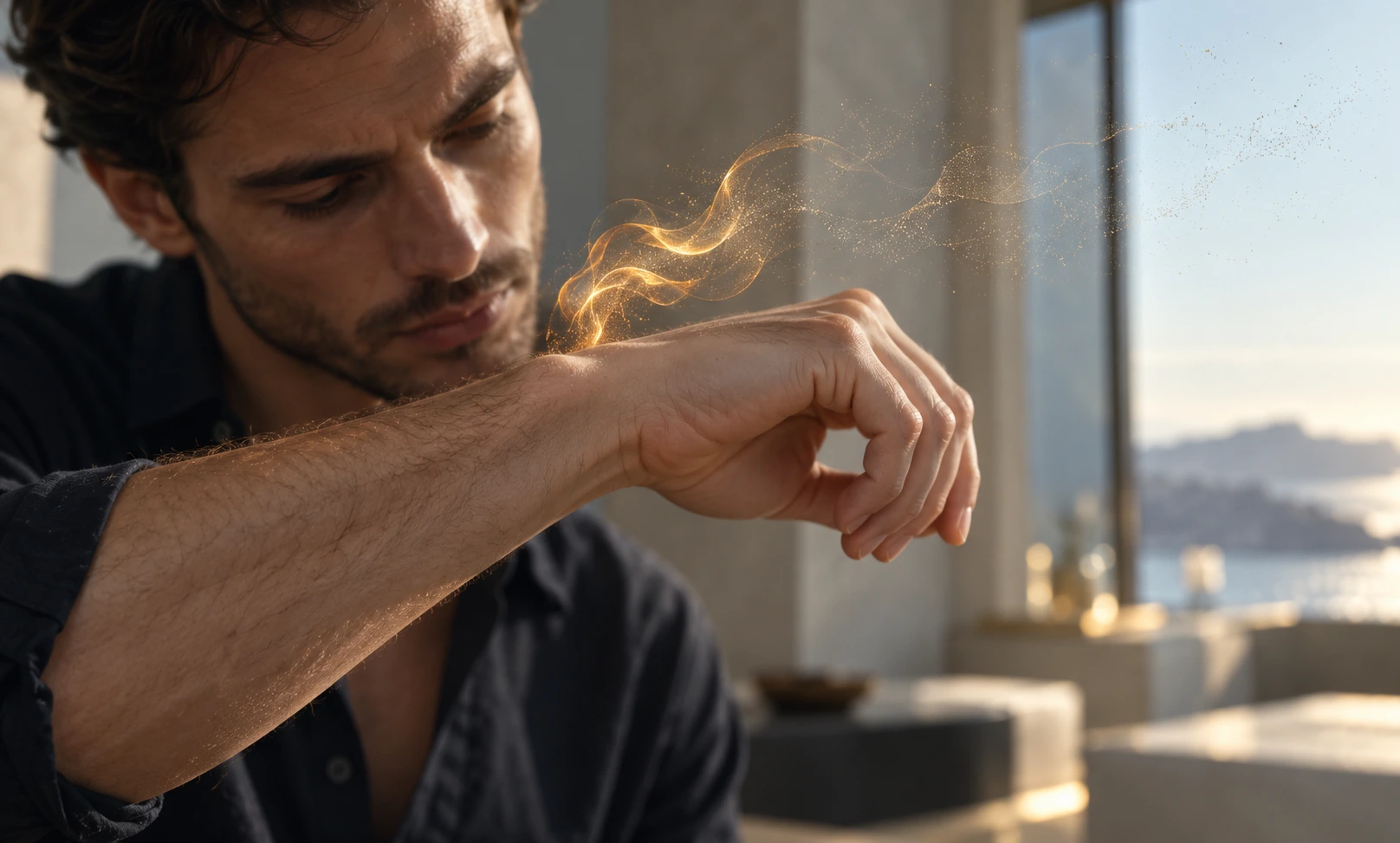 Man checking fragrance on his wrist as golden scent wisps fade into the air, illustrating Le Male Elixir seeming weak or fading quickly.