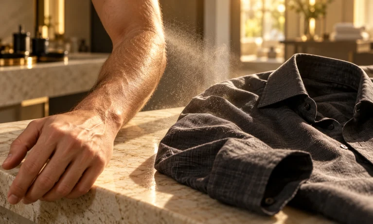 A man’s bare forearm beside a charcoal shirt with fine fragrance mist, illustrating Le Male Elixir application on skin versus clothes.