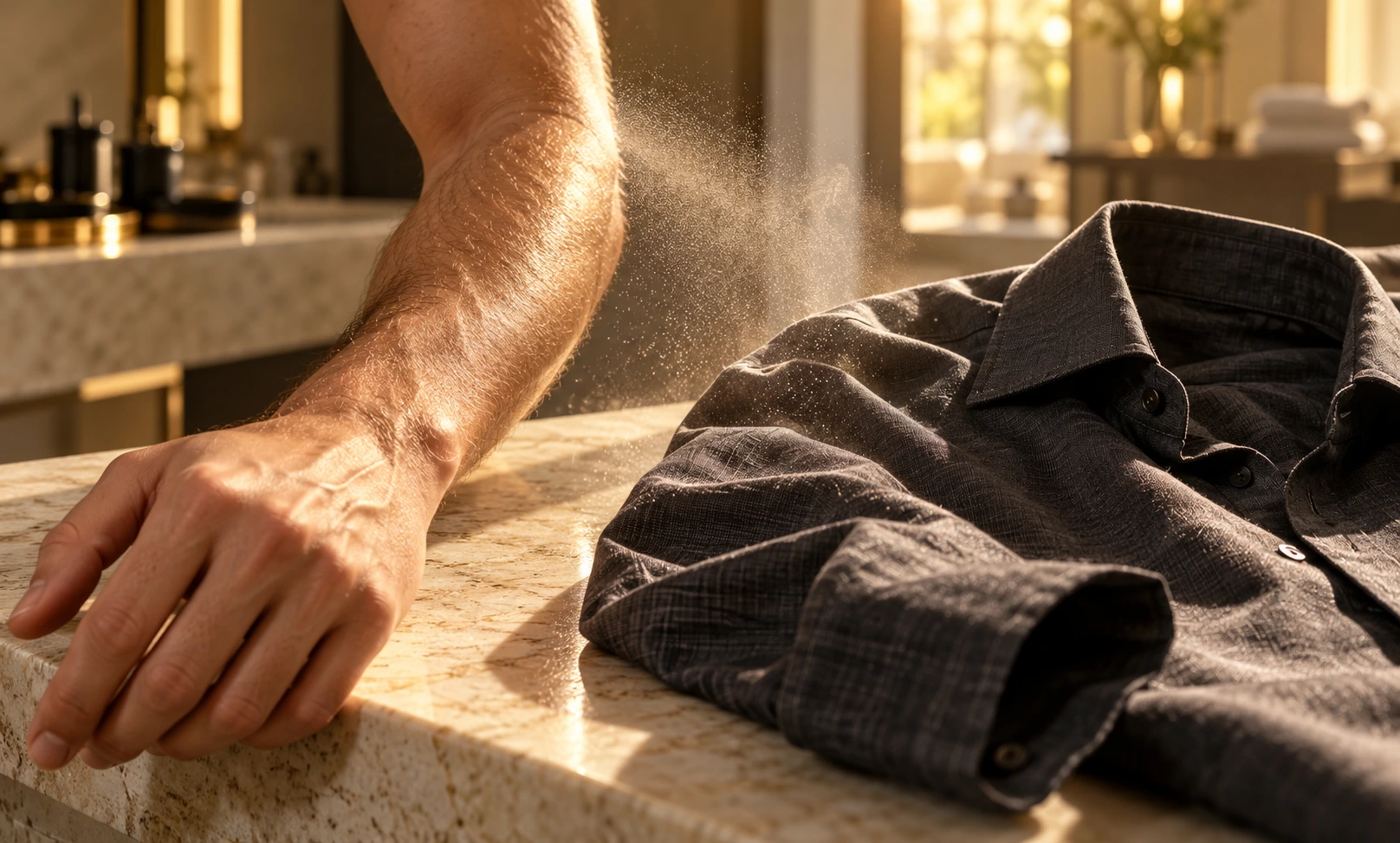 A man’s bare forearm beside a charcoal shirt with fine fragrance mist, illustrating Le Male Elixir application on skin versus clothes.