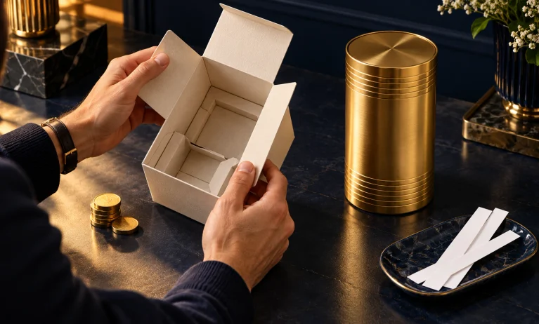 Shopper inspecting a plain tester carton beside gold retail packaging and fragrance blotter strips.
