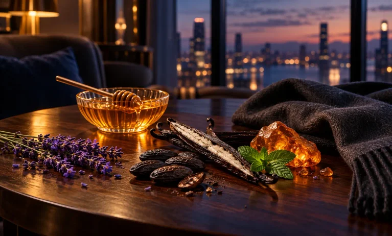Warm vanilla, honey, amber, lavender, and mint notes representing tobacco-free fragrances similar to Jean Paul Gaultier Le Male Elixir