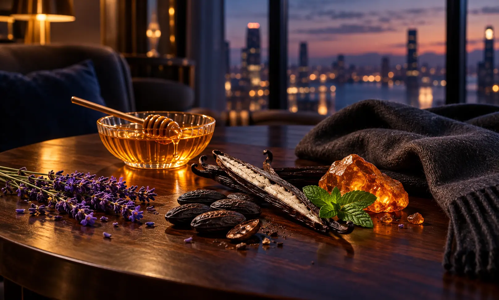 Warm vanilla, honey, amber, lavender, and mint notes representing tobacco-free fragrances similar to Jean Paul Gaultier Le Male Elixir