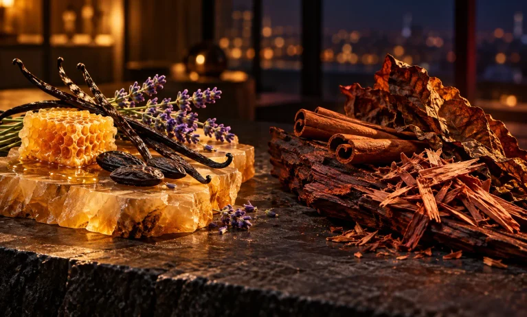 Honeycomb, vanilla, and lavender beside cinnamon, cedarwood, and tobacco leaves, illustrating Le Male Elixir vs Azzaro Wanted by Night.