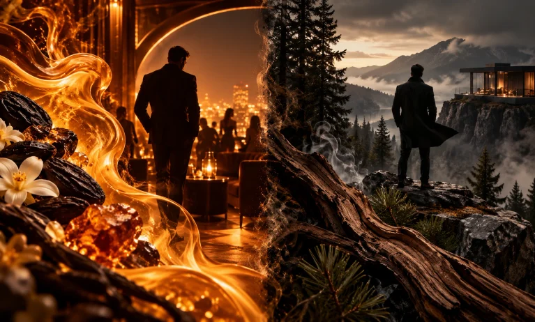 Le Male Elixir vs Burberry Hero Parfum comparison featuring warm golden amber sweetness and dark cedarwood elegance, highlighting two distinct masculine fragrance styles.