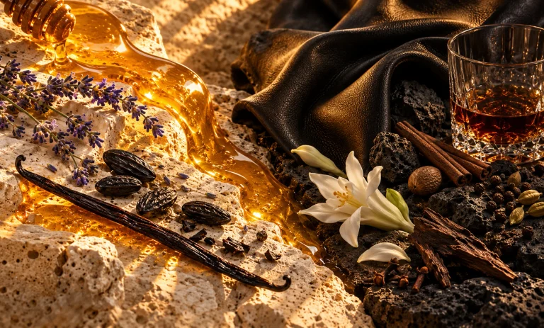 Golden honey, lavender, and vanilla beside black leather, rum, and spices, representing Le Male Elixir vs Bvlgari Man in Black.