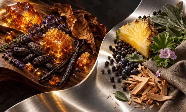 Honeycomb, lavender, and amber resin beside pineapple, peppercorns, and sandalwood, representing Le Male Elixir vs Coach Platinum.