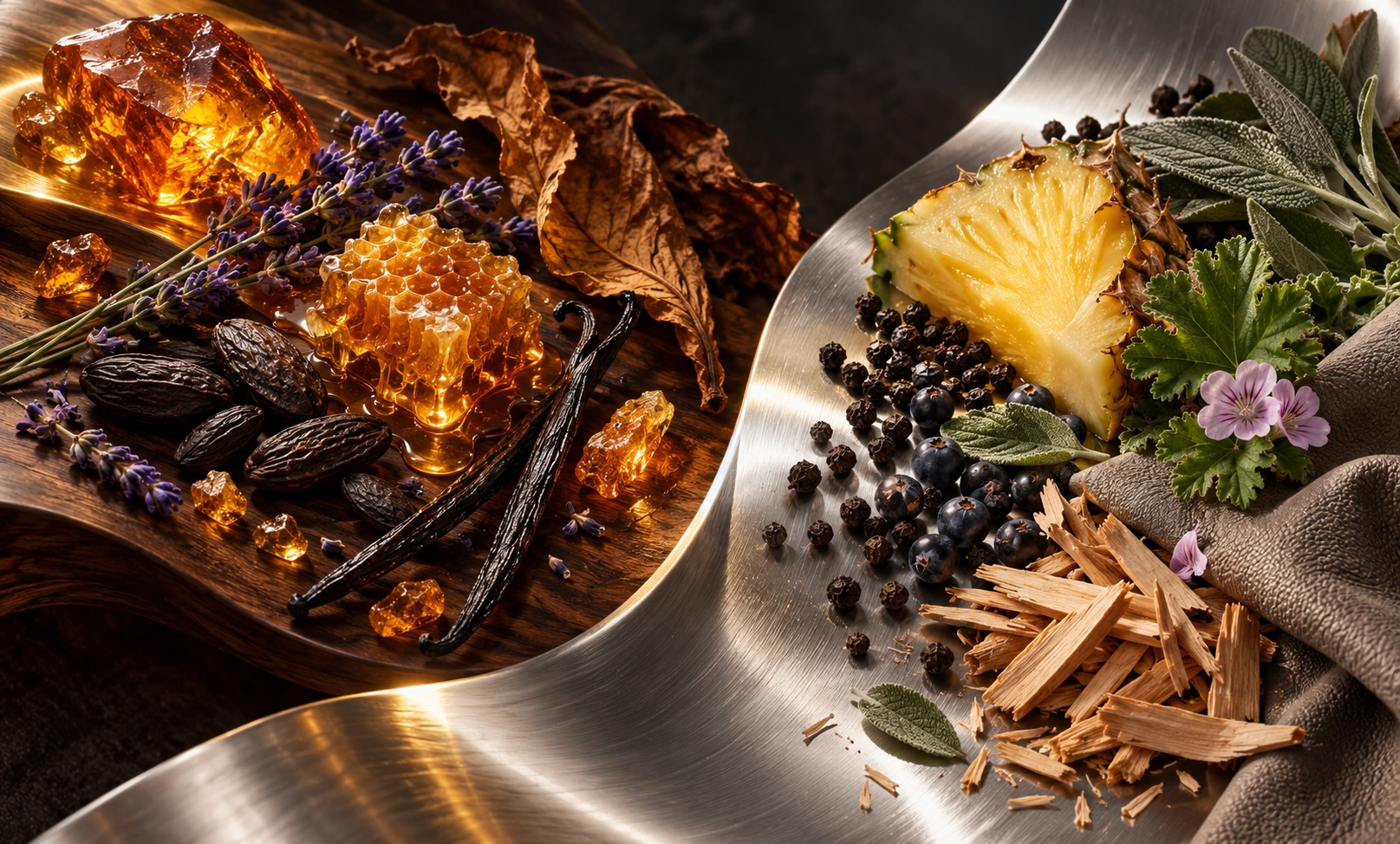 Honeycomb, lavender, and amber resin beside pineapple, peppercorns, and sandalwood, representing Le Male Elixir vs Coach Platinum.