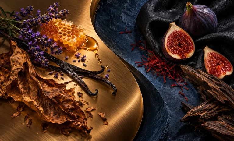 Honeycomb, lavender, and vanilla beside figs, saffron, and black leather, illustrating Le Male Elixir vs Dolce & Gabbana K Intense.