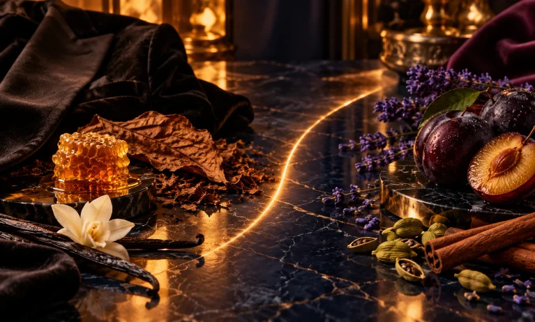 Luxury visual comparison of Jean Paul Gaultier Le Male Elixir’s honey and tobacco warmth with Le Male Elixir Absolu’s plum, lavender, and spice notes.