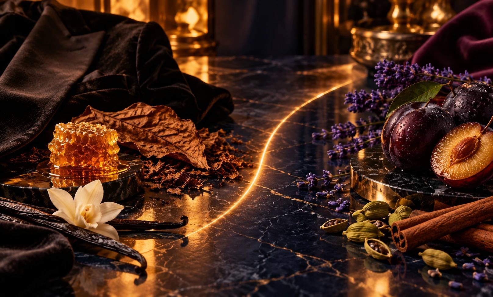 Luxury visual comparison of Jean Paul Gaultier Le Male Elixir’s honey and tobacco warmth with Le Male Elixir Absolu’s plum, lavender, and spice notes.