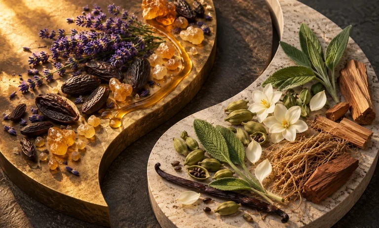 Lavender, honey, and tonka beside sage, cardamom, narcissus, and woods, representing Le Male Elixir vs Givenchy Gentleman Society Eau de Parfum.