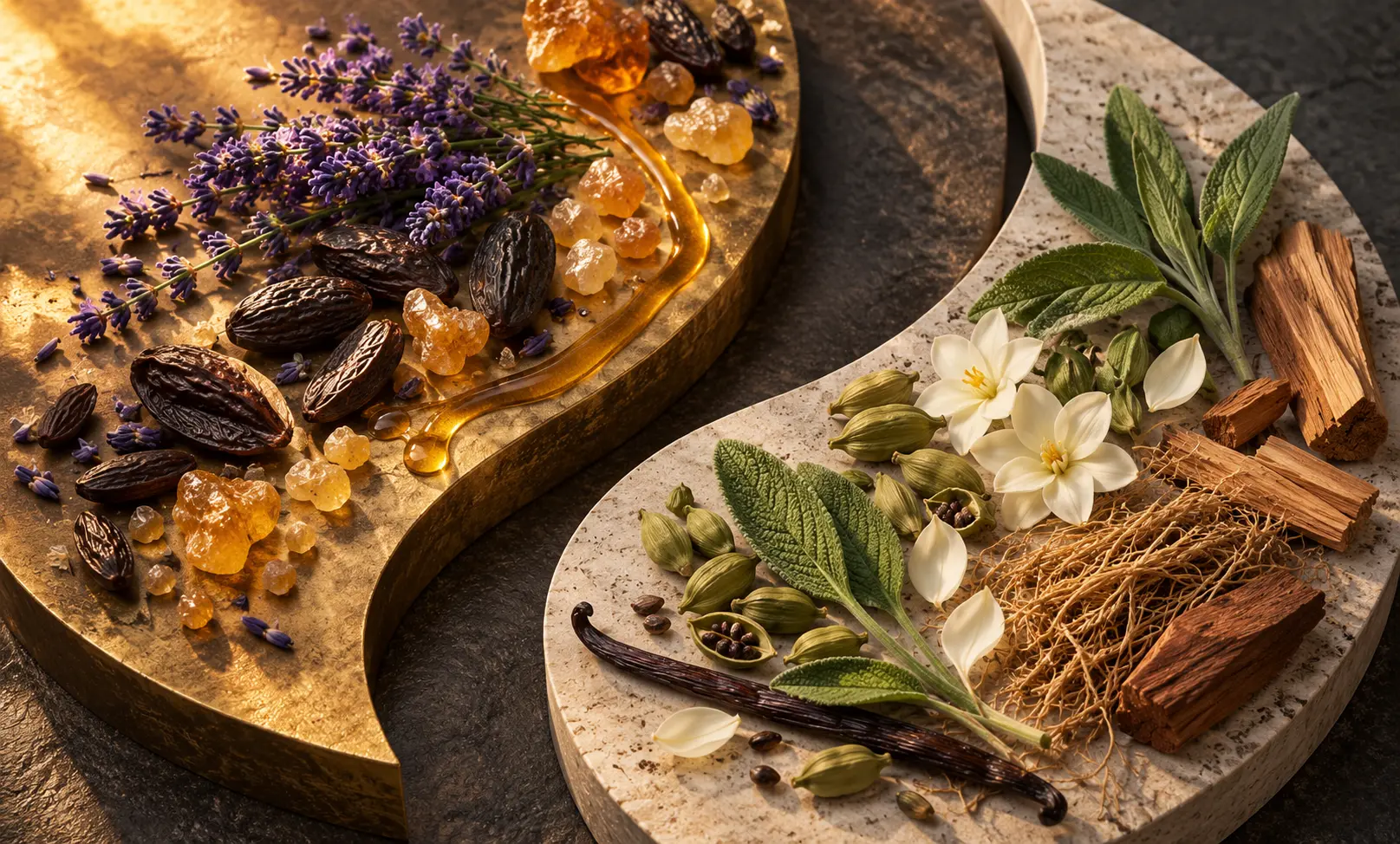 Lavender, honey, and tonka beside sage, cardamom, narcissus, and woods, representing Le Male Elixir vs Givenchy Gentleman Society Eau de Parfum.