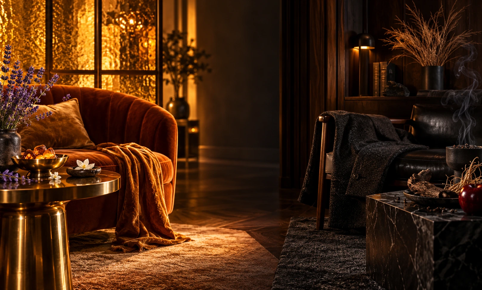 Warm amber lounge contrasted with a dark woody interior, representing Le Male Elixir vs Hugo Boss Bottled Elixir.