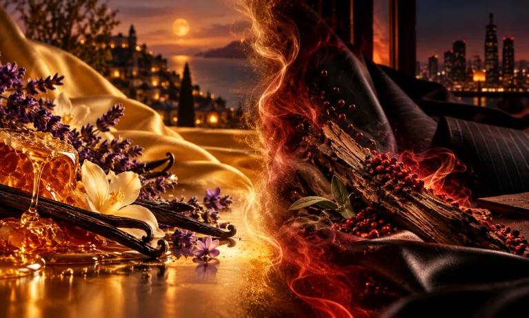 Le Male Elixir vs Hugo Boss The Scent Elixir visual comparison featuring golden honey, vanilla and lavender contrasted with spicy red pepper and warm sandalwood. Copy
