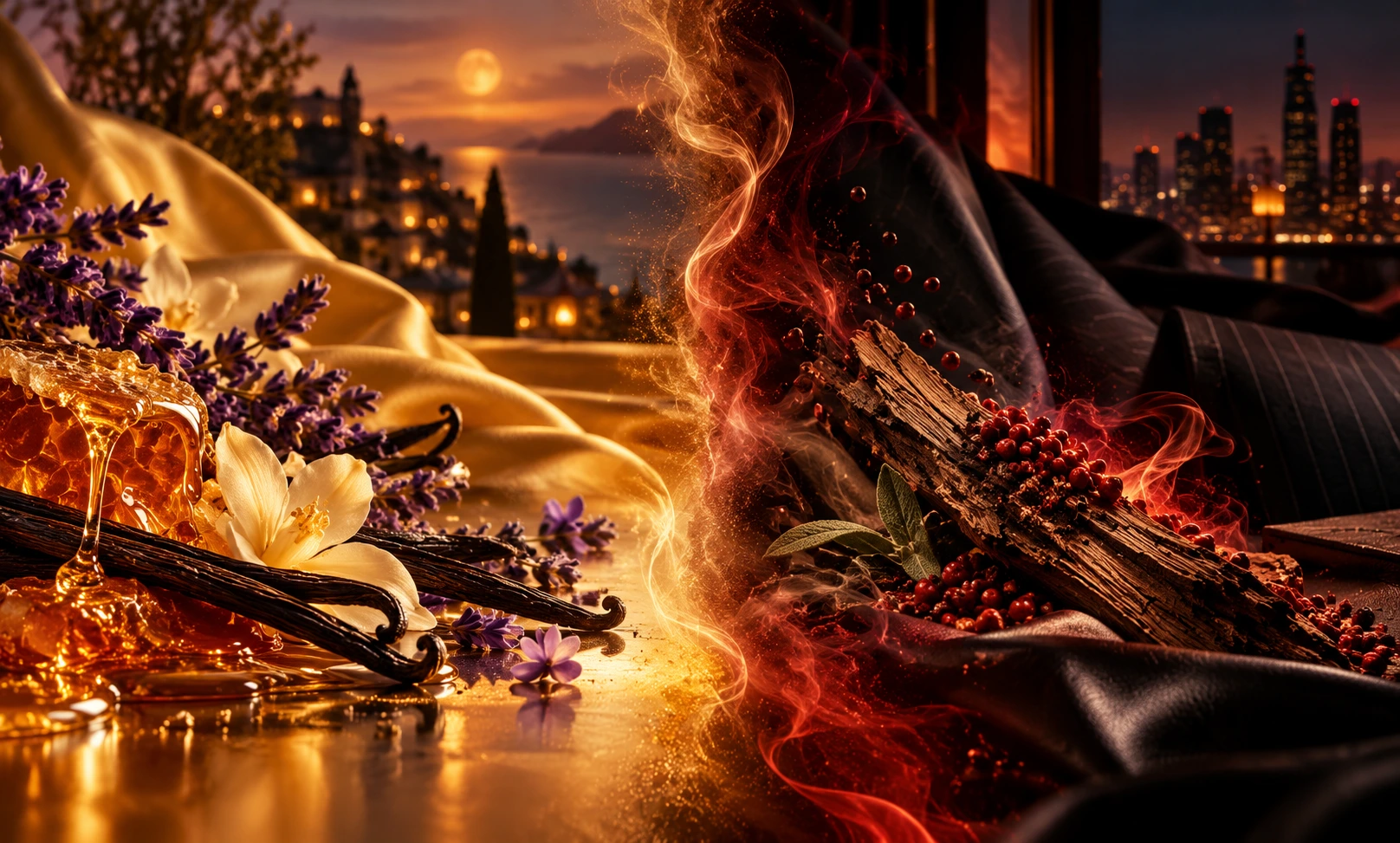 Le Male Elixir vs Hugo Boss The Scent Elixir visual comparison featuring golden honey, vanilla and lavender contrasted with spicy red pepper and warm sandalwood. Copy